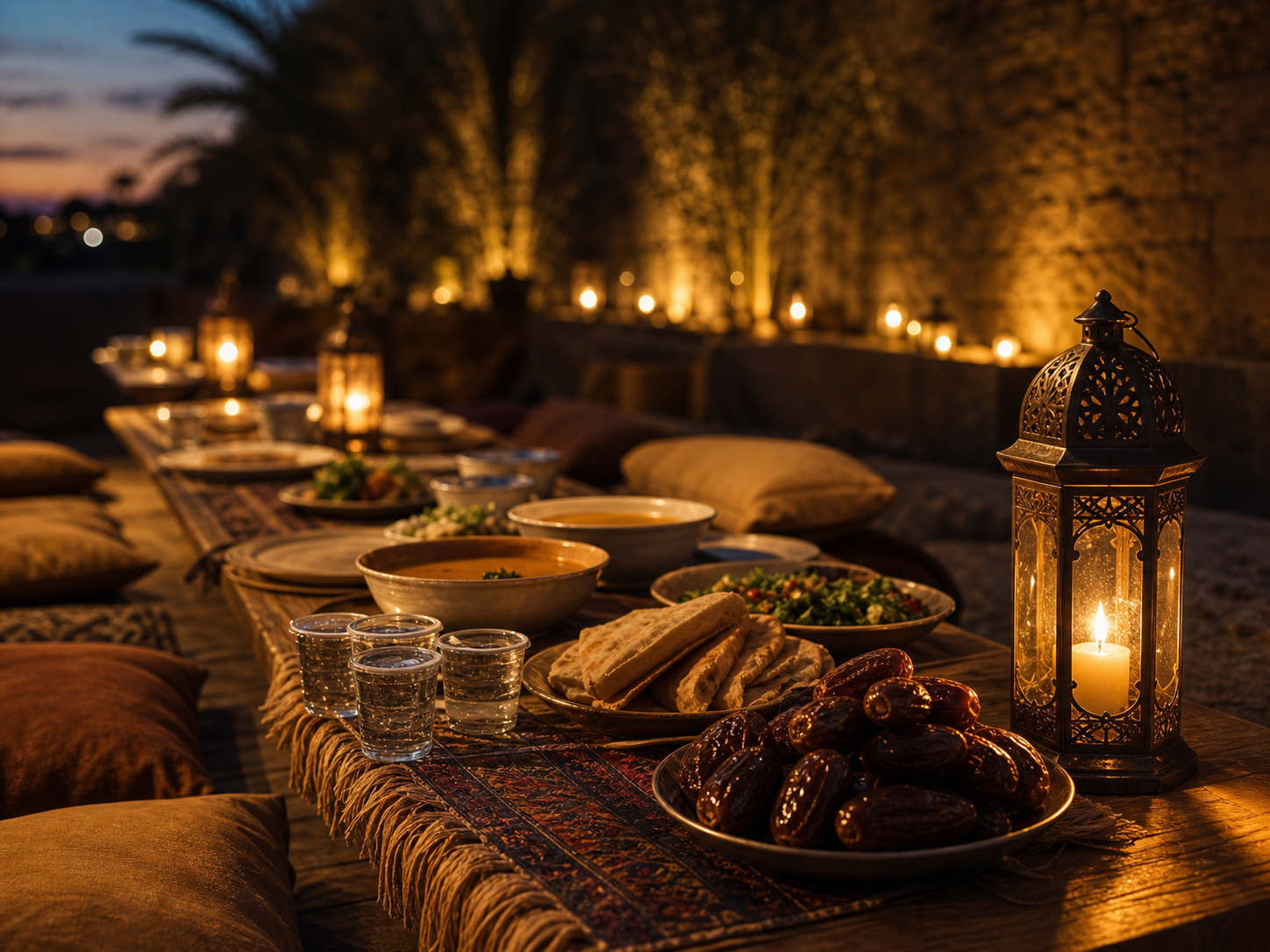 A warm meal setting with dates, water and lanterns for Ashura giving
